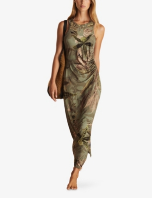 Reiss Womens Khaki Lola Printed Sleeveless Stretch-woven Midi Dress In Khaki