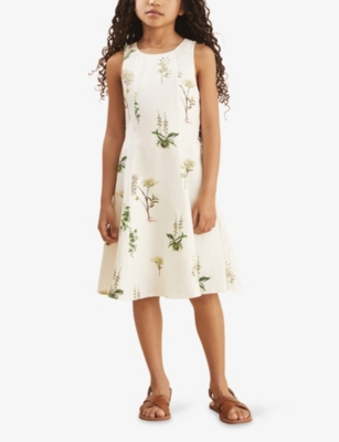 REISS X NYBG ELISE LINEN FLORAL FLARED DRESS 9-13 