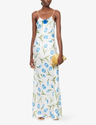 Rodarte Womens White/blue Rosette Shoulder-straps Silk Gown In White