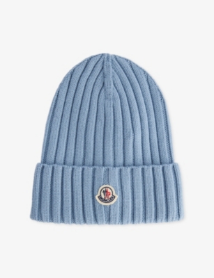 Moncler Womens Turquoise Logo-badge Ribbed Wool Knit Beanie In Blue