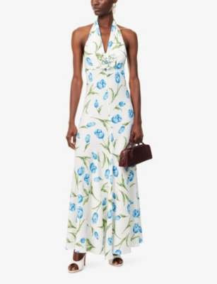 Rodarte Womens White/blue Tulip Halterneck Silk Maxi Dress In White
