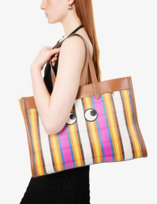 ANYA HINDMARCH: Eyes-Embroidered Striped Mesh and Leather Tote Bag