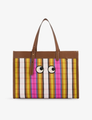 ANYA HINDMARCH: Eyes-Embroidered Striped Mesh and Leather Tote Bag