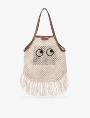Eyes-Embroidered Fringed Macramé Tote Bag