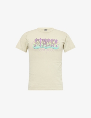 Thrifty Towel Mens Taupe Pre-loved Stüssy Thrased Graphic-print T-shirt
