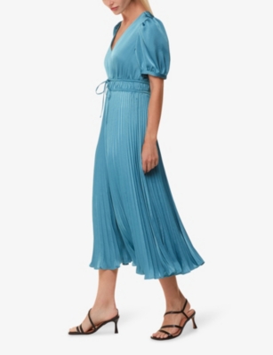 Whistles Womens Blue Delilah Pleated Satin Midi Dress