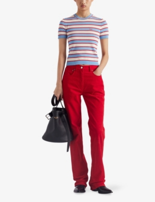 Prada Striped Short Sleeve Cotton Sweater