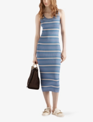 Prada Womens Light Blue Stripe-print Triangle-logo Stretch-cotton Midi Dress