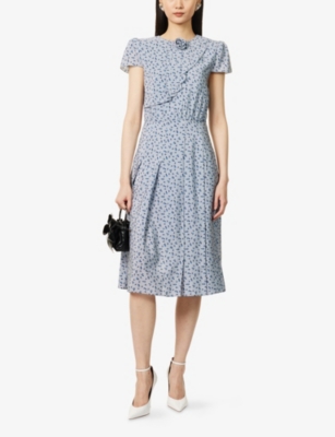Rose-Print Pleated Silk Midi Dress