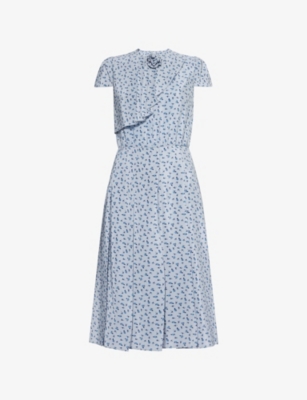 Rose-Print Pleated Silk Midi Dress