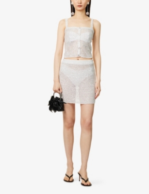 Alessandra Rich Tweed Mini Skirt With Sequins In White-silver