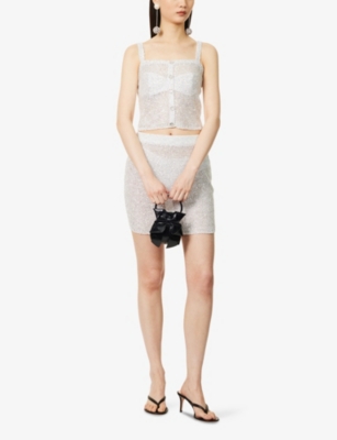 ALESSANDRA RICH WOMENS WHITE-SILVER BUTTON-FRONT SLEEVELESS SEQUIN-KNIT TOP 