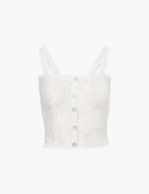 ALESSANDRA RICH WOMENS WHITE-SILVER BUTTON-FRONT SLEEVELESS SEQUIN-KNIT TOP 