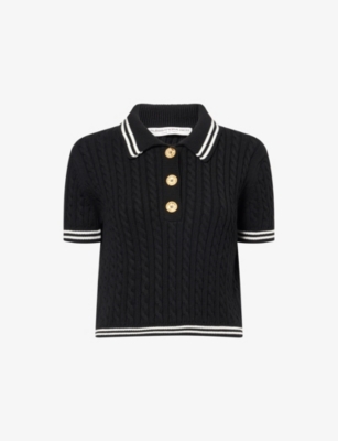 Alessandra Rich Braided Cotton Polo Shirt With Contrast Details In Black