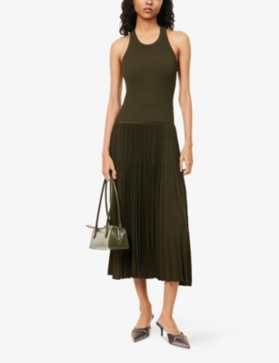 Alaïa Womens Olive Regular-fit Pleated Woven Midi Dress In Green