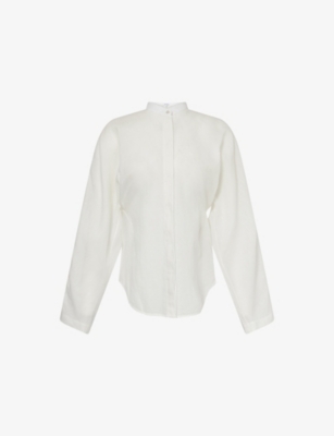 Alaïa Womens Blanc Curved Mock-neck Cotton And Linen-blend Shirt In White