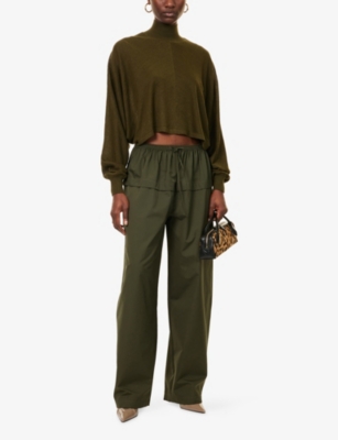 Alaïa Womens Olive Peplum Wide-leg Cotton-poplin Trousers In Green