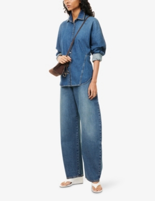 Alaïa Womens Bleu Mineral Pointed-collar Curved Denim Shirt In Blue