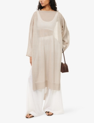 Alaïa Womens Beige Clair Relaxed-fit Boat-neck Linen-and-silk Midi Kaftan Dress In Sand