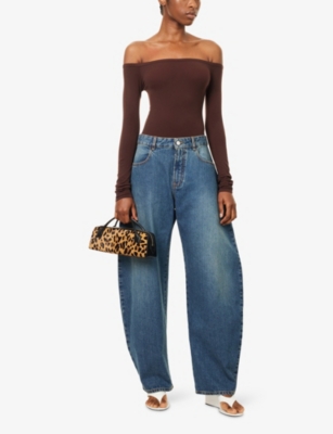 Alaïa Womens Chocolat Off-shoulder Long-sleeve Woven Bodysuit In Brown