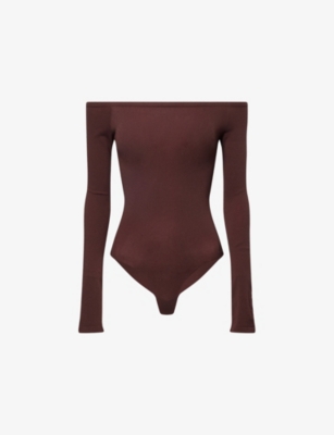 Alaïa Womens Chocolat Off-shoulder Long-sleeve Woven Bodysuit In Brown