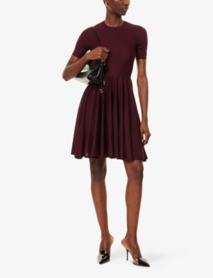 Alaïa Womens Aubergine Skater Flared Wool Mini Dress In Burgundy