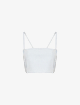 ALAIA: Crop Shoulder-Straps Denim-Blend Top