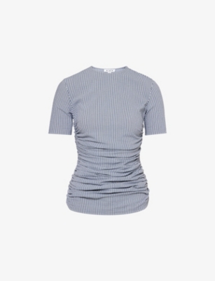 Alaïa Womens Blanc Bleu Pleated Striped Stretch-woven T-shirt In Blue