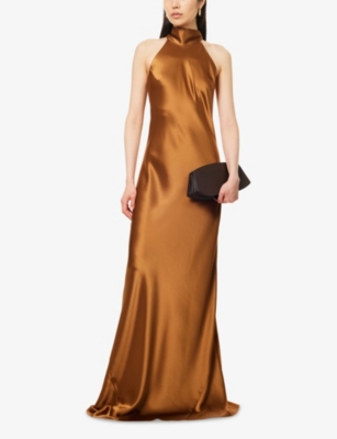Galvan Womens Sienna Sash-tie Sleeveless Satin Gown Toffee