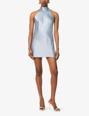 Shop Galvan Womens Dove Blue Sienna Halterneck Scarf Satin Mini Dress