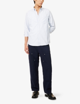 Carhartt Mens Blue Fog / White Logo-embroidered Long-sleeve Cotton Shirt In White
