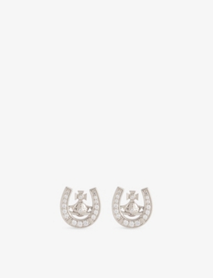 VIVIENNE WESTWOOD: Horseshoe Platinum-Plated 925 Sterling Silver and Cubic Zirconia Stud Earring