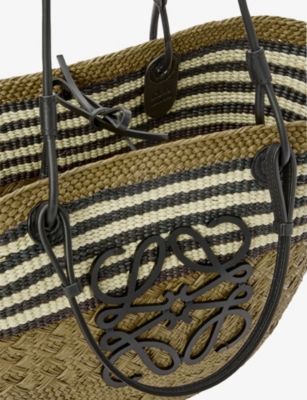 Loewe Womens Dark Khaki/black  X Paula's Ibiza Anagram Striped Medium Iraca Palm And Leather Basket B In Dark Khaki/black