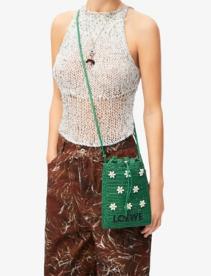 LOEWE: LOEWE x Paula's Ibiza Drawstring Pocket Flowers Raffia Cross-Body Bag