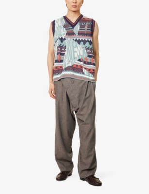 Vivienne Westwood Mens Multi Broken Fair Isle V-neck Wool, Linen And Cotton Vest