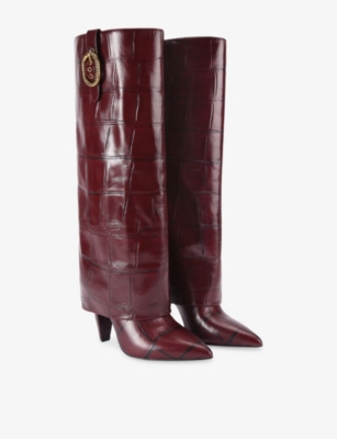 Kurt Geiger 100mm Croc-embossed Fold-over Boots In Burgundy