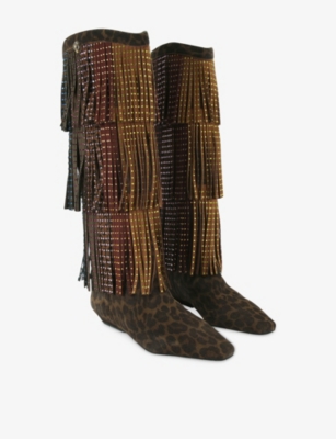 Kurt Geiger London Crystal Embellished Fringe Western Boot In Brown