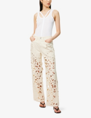 Rag & Bone Womens Blue Logan Floral Cut-out Wide-leg Denim Jeans