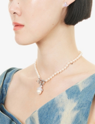 VIVIENNE WESTWOOD JEWELLERY: Lucille Pearl Platinum-Plated Brass And Cubic Zirconia Necklace