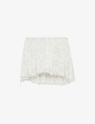 Loewe Womens  Frayed-hem Pleated Cotton-blend Lace Mini Skirt