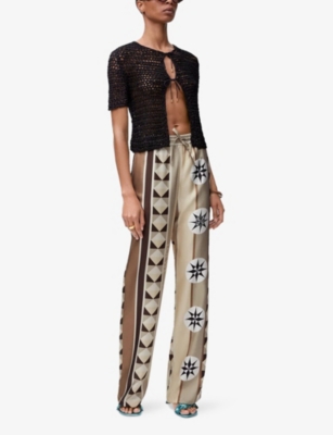 Shop Loewe Womens Beige/multicolor Compass-print Straight-leg Silk-twill Trousers