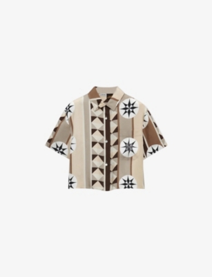 Loewe Womens  Compass-print Short-sleeved Silk-twill Shirt