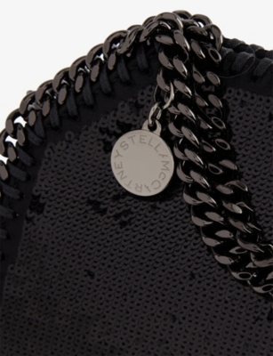 Stella Mccartney Womens Black Falabella Sequin Fringe Tiny Woven Tote Bag In Black
