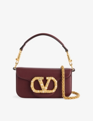 Valentino Garavani Womens Locò Vlogo Small Leather Shoulder Bag Rosewood/cream-crystal