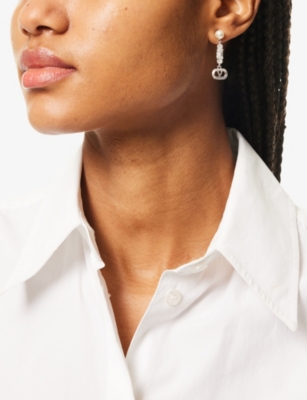 Valentino Womens Rhodium/cream/crystal Ovalette Metal, Pearl And Swarovski® Crystal Drop Earrings