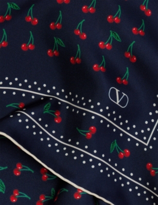 Valentino Womens Blu/rosso/verde/bianco Satin-twill Cherry-print Silk Scarf