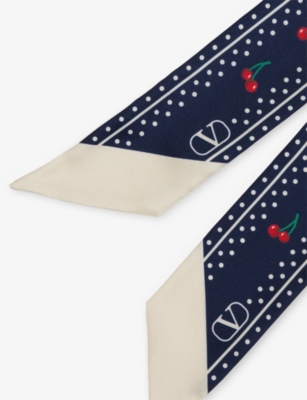 Shop Valentino Womens Blu/rosso/verde/bianco Satin-twill Cherry-print Silk Scarf