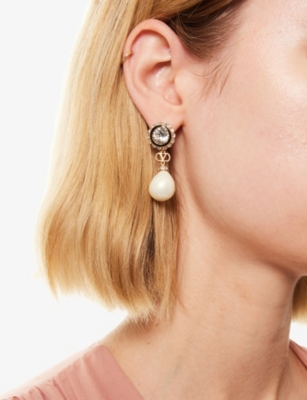VALENTINO GARAVANI: VLogo Signature Gold-Plated Metal, Pearl and Crystal Earrings