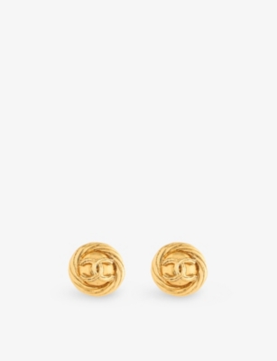 RESELFRIDGES: Pre-Loved Chanel CC-Logo Round Gold Plated-Brass Clip-On Earrings