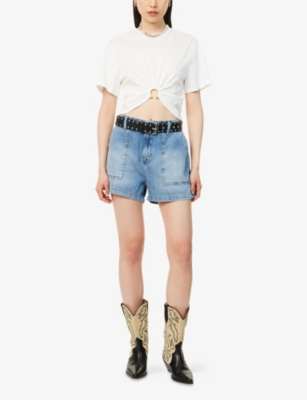 Shop Good American Womens  Drawstring Patch-pockets Denim-blend Shorts